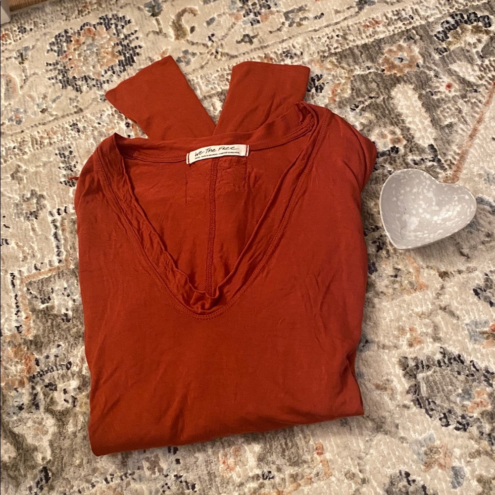 Free People Women's Deep Orange V-Neck Long Sleeve Top